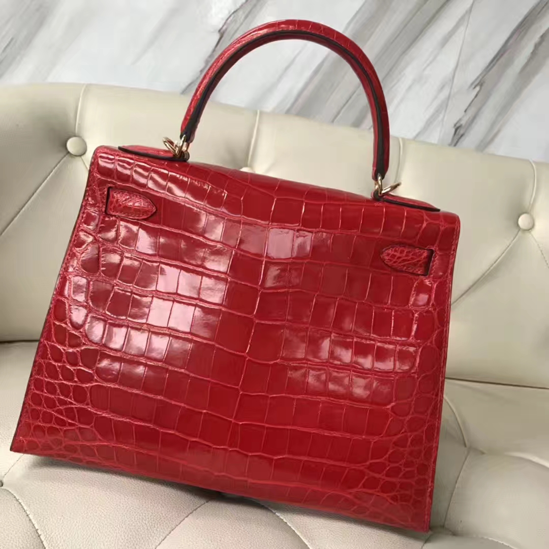 Hermès（爱马仕）Kelly Crocodile shiny 亮面鳄鱼ck95 法拉利红 Braise 金扣 28cm