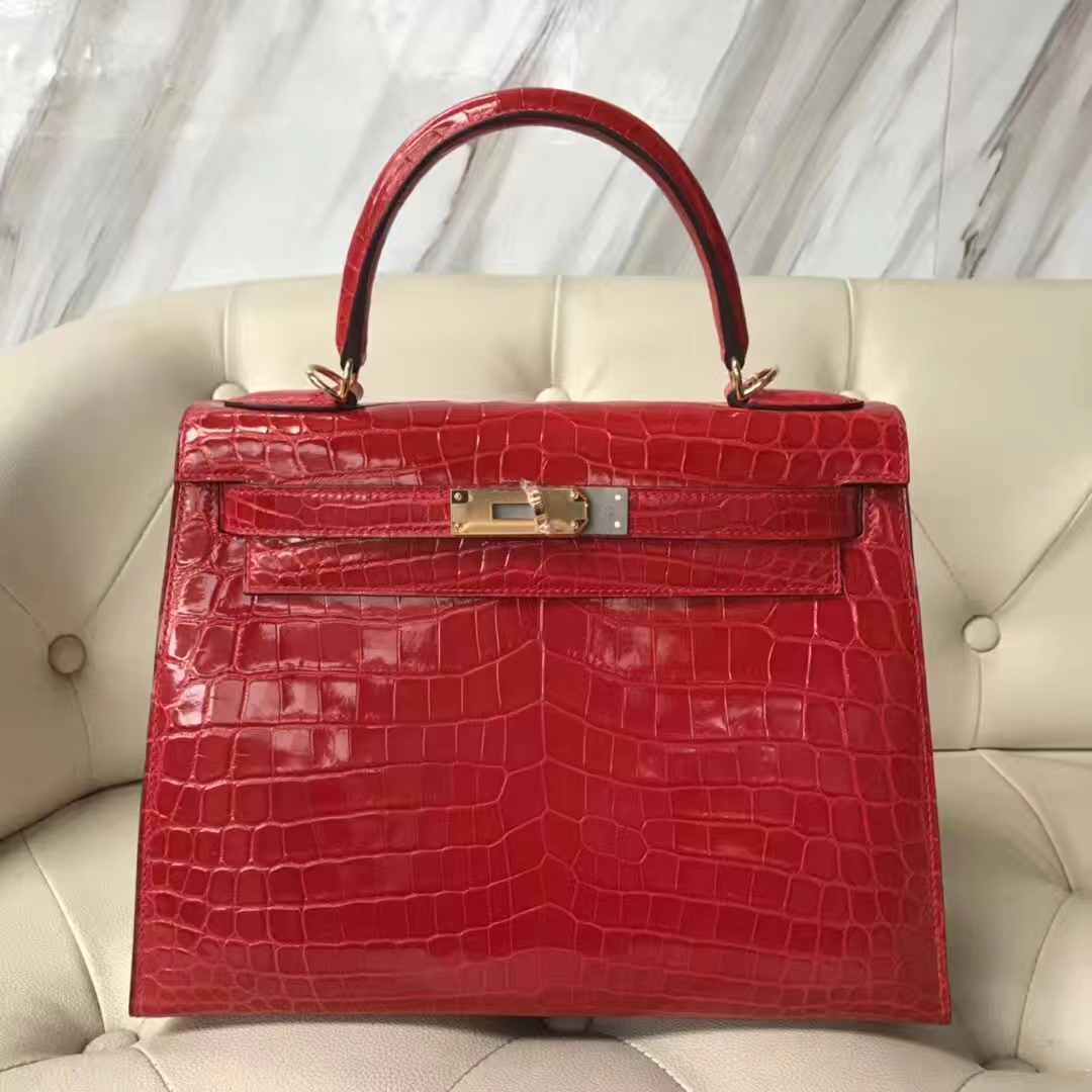 Hermès（爱马仕）Kelly Crocodile shiny 亮面鳄鱼ck95 法拉利红 Braise 金扣 28cm
