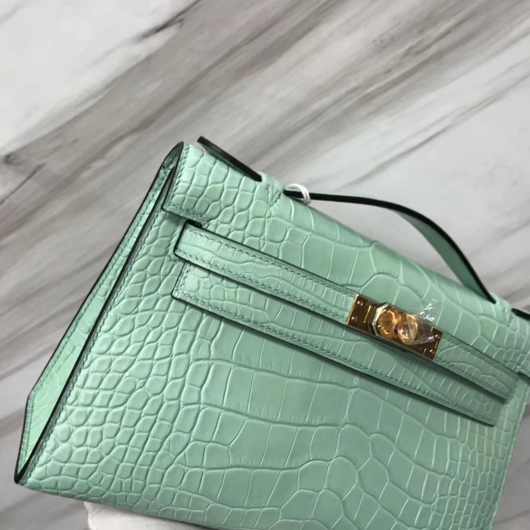 Hermès（爱马仕）Minikelly pochette 雾面鳄鱼 6U 薄荷绿 金扣 手拿包 晚宴包 22cm