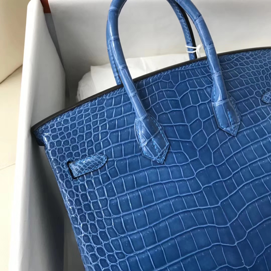Hermès（爱马仕）Birkin Porosus shiny 澳洲湾鳄 7Ｑ 希腊蓝 mykonos 银扣 25cm