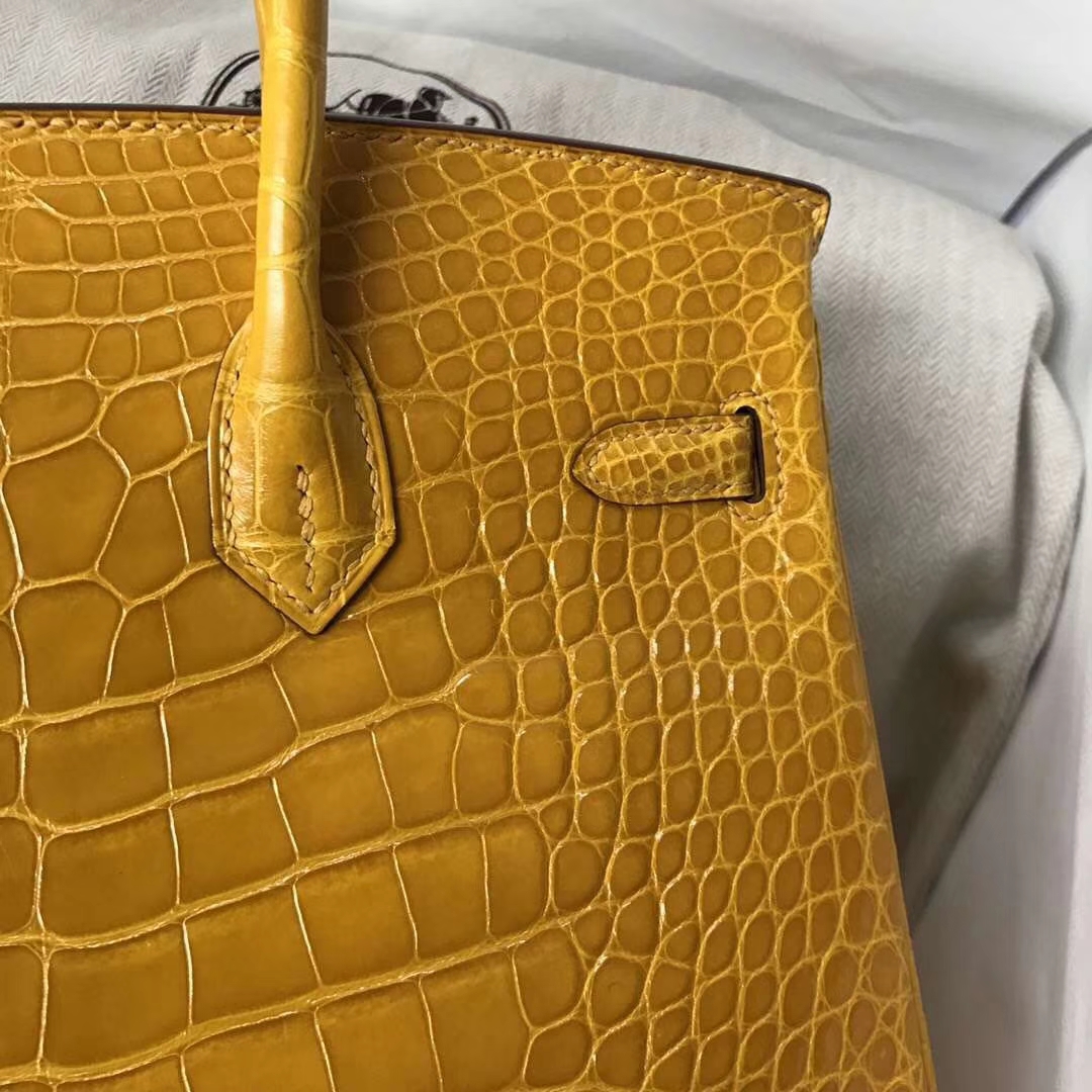 Hermès（爱马仕）Birkin Alligator shiny 亮面鳄鱼 9D 琥珀黄 Ambre 金扣 25cm 现货