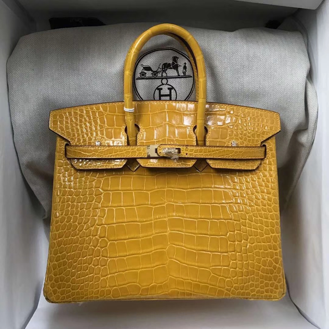 Hermès（爱马仕）Birkin Alligator shiny 亮面鳄鱼 9D 琥珀黄 Ambre 金扣 25cm 现货