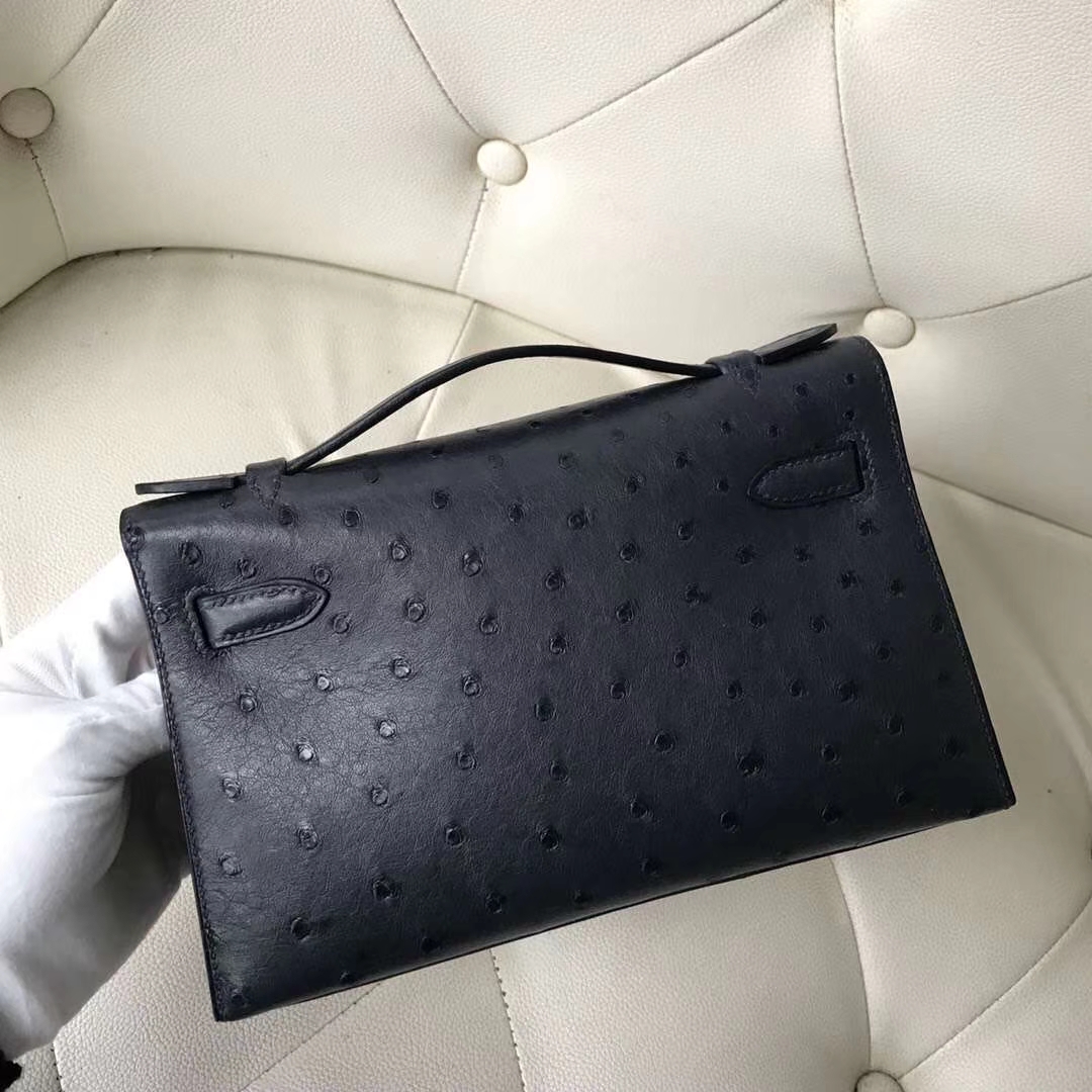 Hermès（爱马仕）Minikelly pochette Ostrich Kk 鸵鸟纹 深海蓝 2Z 金扣 现货
