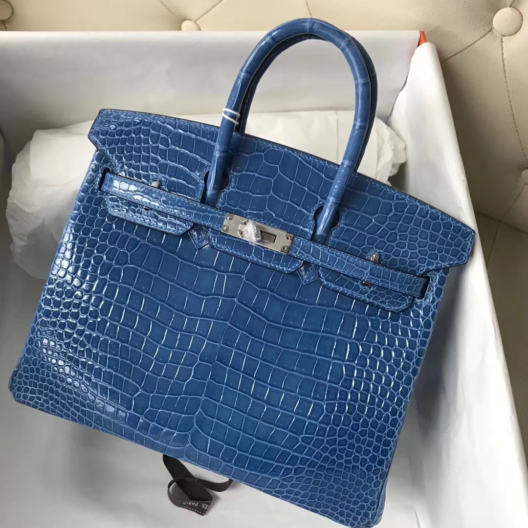 Hermès（爱马仕）Birkin Porosus shiny 澳洲湾鳄 7Ｑ 希腊蓝 mykonos 银扣 25cm