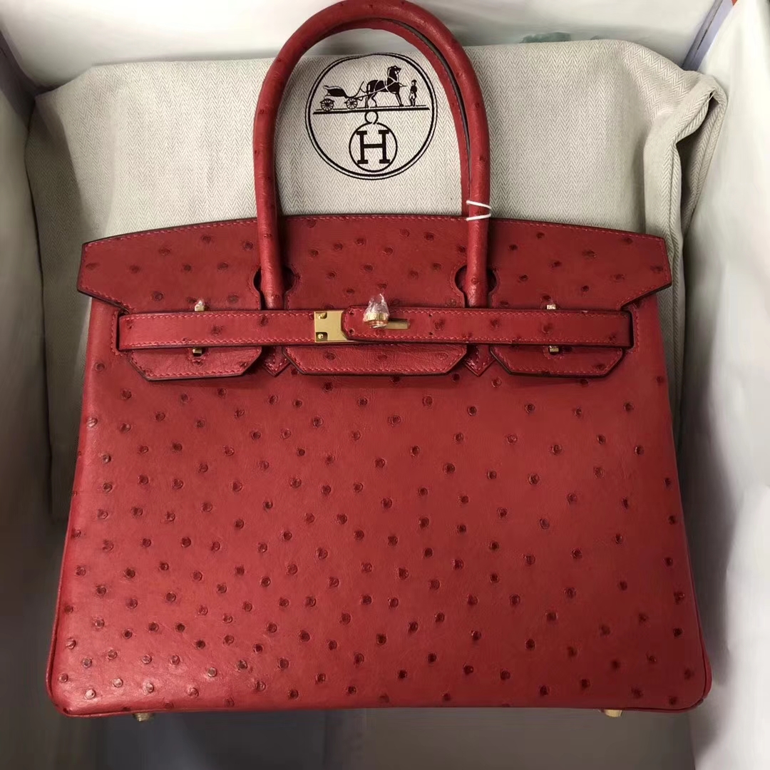 Hermès（爱马仕）Birkin Ostrich Kk 鸵鸟 Ｑ5 国旗红 Rouge casaque 金扣 30cm