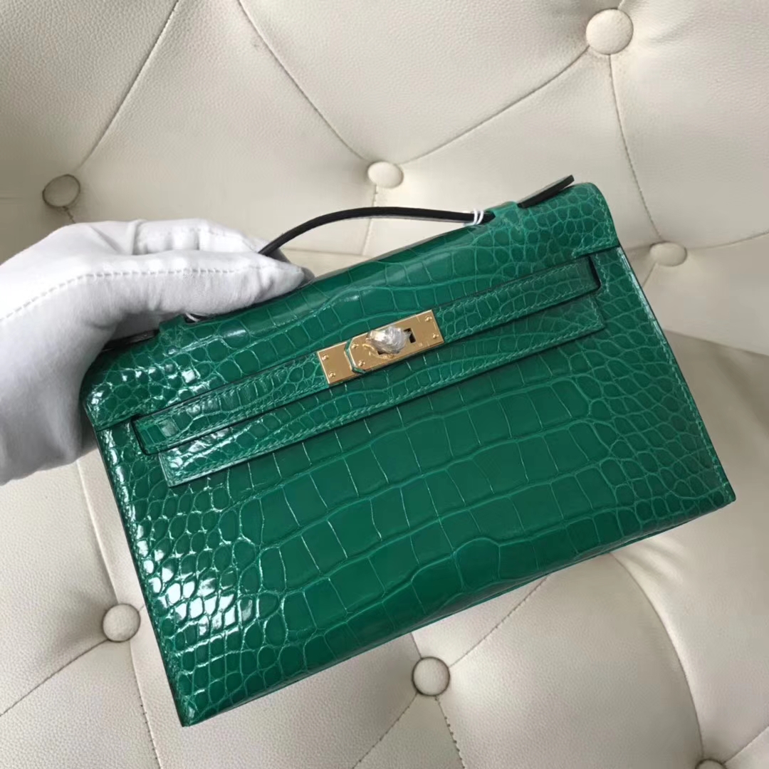Hermès(爱马仕)Minikelly pochette 亮面鳄鱼 6Q 翡翠绿 金扣 手拿包 晚宴 22cm-拉尔森鳄鱼皮具定制 - 爱马仕包包官网 Hermès(爱马仕)Minikelly pochette 亮面鳄鱼 6Q 翡翠绿 金扣 手拿包 晚宴 22cm