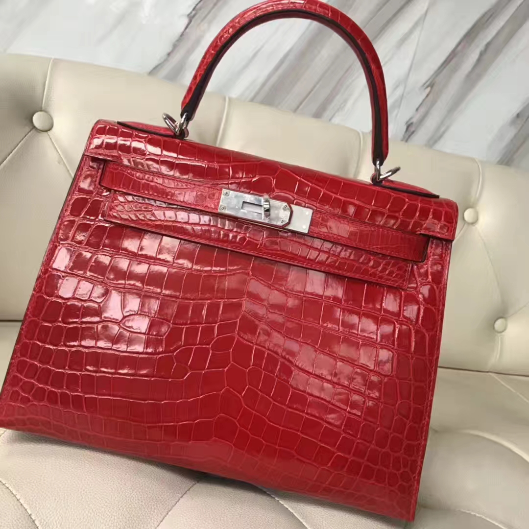 Hermès（爱马仕）Kelly Crocodile shiny 亮面鳄鱼ck95 法拉利红 Braise 银扣 28cm