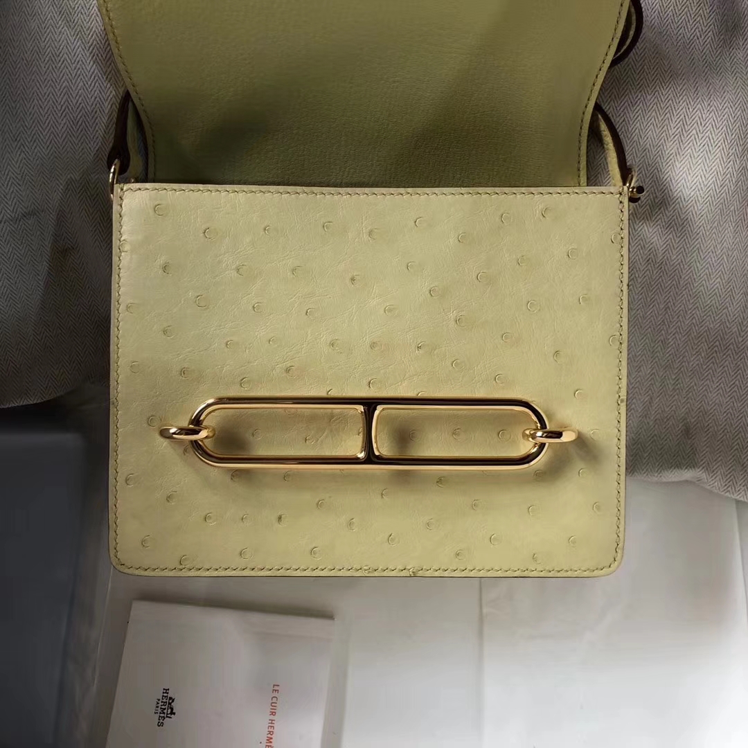 Hermès(爱马仕)Roulis ostrich kk鸵鸟 1Z小鸡黄 顶级工艺 蜡线全手工 金扣 19cm-拉尔森鳄鱼皮具定制 - 爱马仕包包官网 Hermès(爱马仕)Roulis ostrich kk鸵鸟 1Z小鸡黄 顶级工艺 蜡线全手工 金扣 19cm