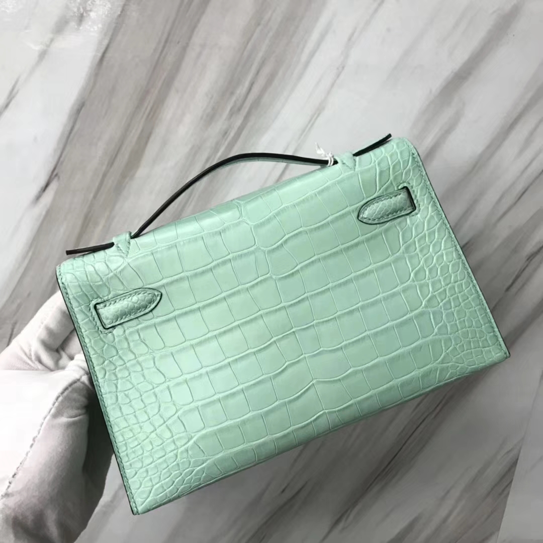 Hermès（爱马仕）Minikelly pochette 雾面鳄鱼 6U 薄荷绿  银扣 手拿包 晚宴包 22cm