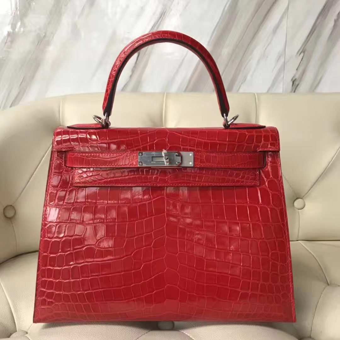 Hermès（爱马仕）Kelly Crocodile shiny 亮面鳄鱼ck95 法拉利红 Braise 银扣 28cm