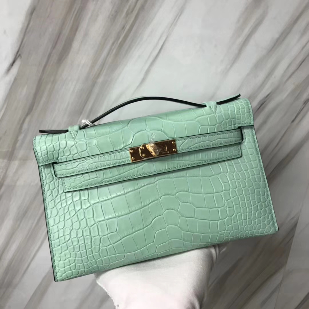 Hermès（爱马仕）Minikelly pochette 雾面鳄鱼 6U 薄荷绿 金扣 手拿包 晚宴包 22cm