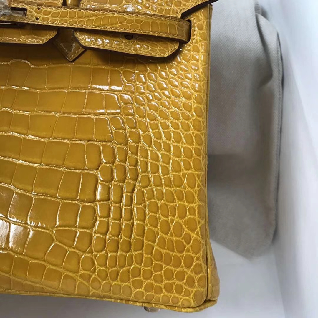 Hermès（爱马仕）Birkin Alligator shiny 亮面鳄鱼 9D 琥珀黄 Ambre 金扣 25cm 现货
