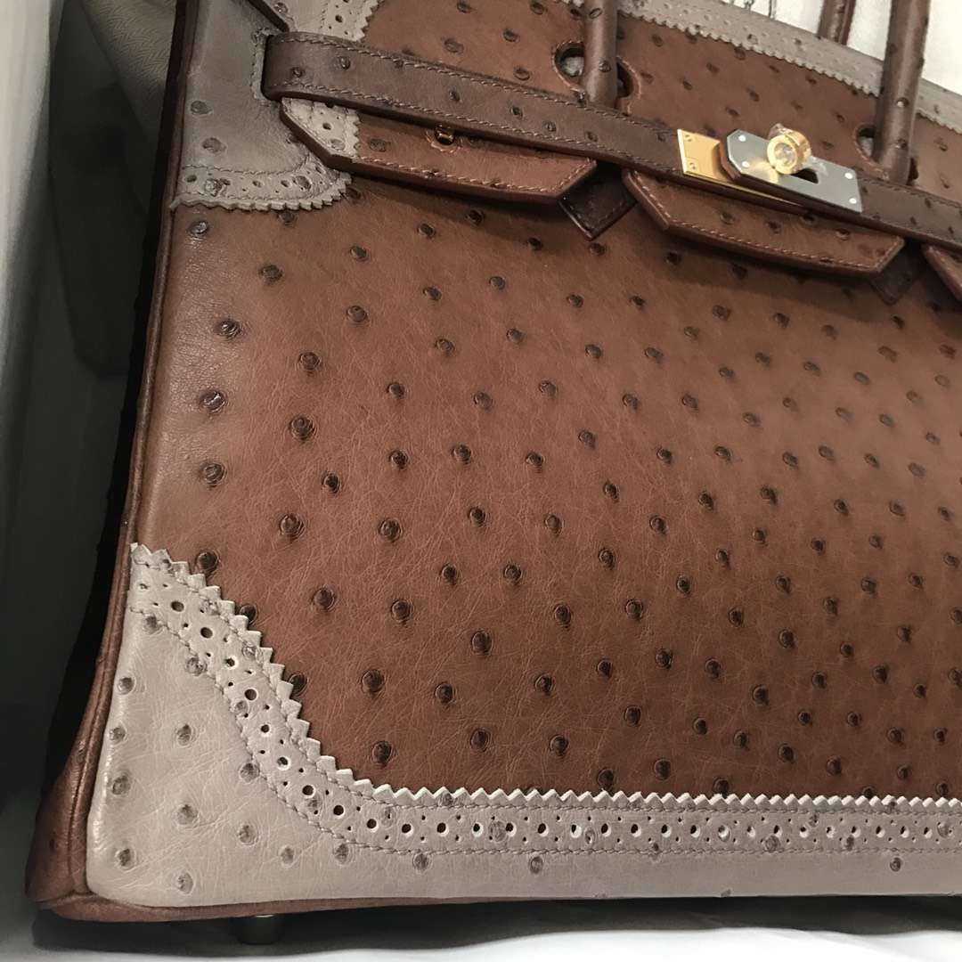 Hermès(爱马仕)Ghillies Birkin Ostrich 鸵鸟三拼 金扣 35cm-拉尔森鳄鱼皮具定制 - 爱马仕包包官网 Hermès(爱马仕)Ghillies Birkin Ostrich 鸵鸟三拼 金扣 35cm
