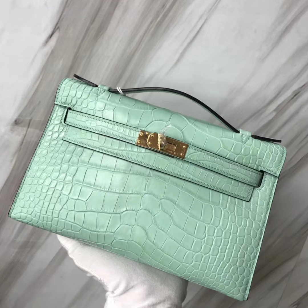 Hermès（爱马仕）Minikelly pochette 雾面鳄鱼 6U 薄荷绿 金扣 手拿包 晚宴包 22cm
