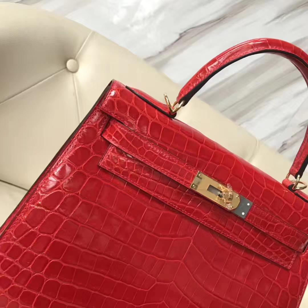Hermès（爱马仕）Kelly Crocodile shiny 亮面鳄鱼ck95 法拉利红 Braise 金扣 28cm