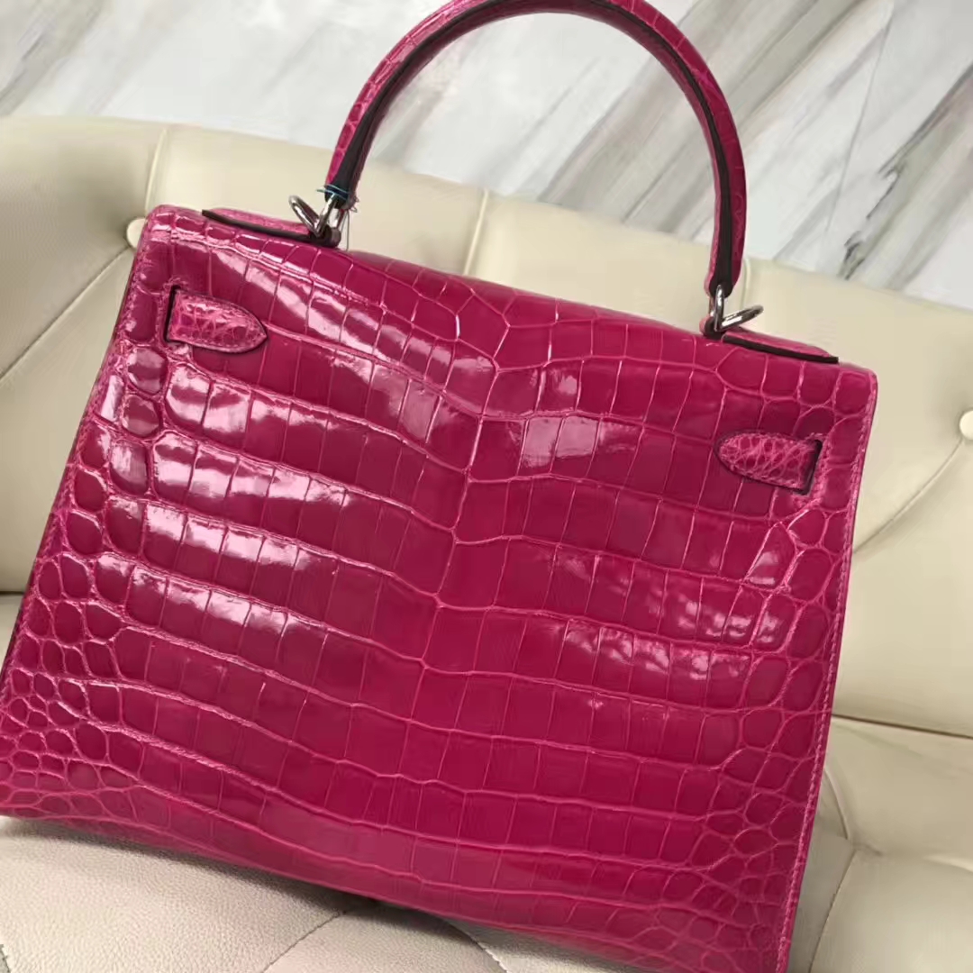 Hermès（爱马仕）Kelly Crocodile shiny 亮面鳄鱼J5 天方夜谭粉紫 银扣 现货 28cm