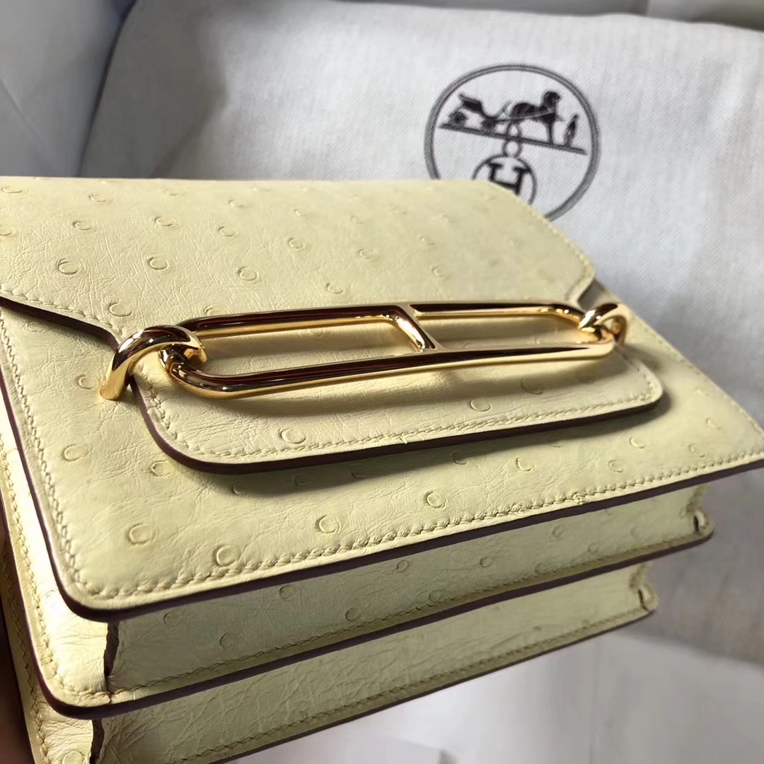 Hermès（爱马仕）Roulis ostrich kk鸵鸟 1Z小鸡黄 顶级工艺 蜡线全手工 金扣 19cm