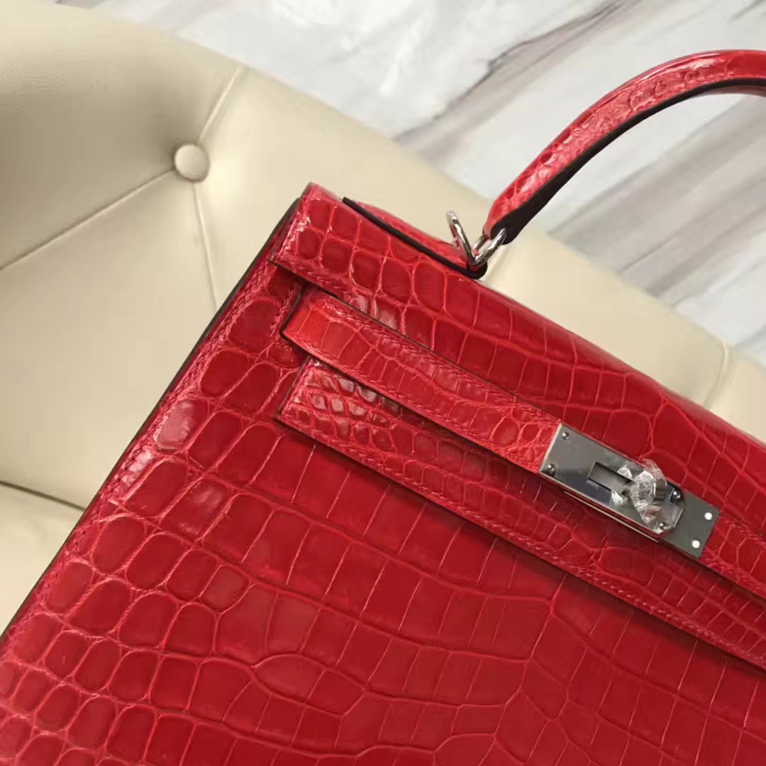 Hermès（爱马仕）Kelly Crocodile shiny 亮面鳄鱼ck95 法拉利红 Braise 银扣 28cm