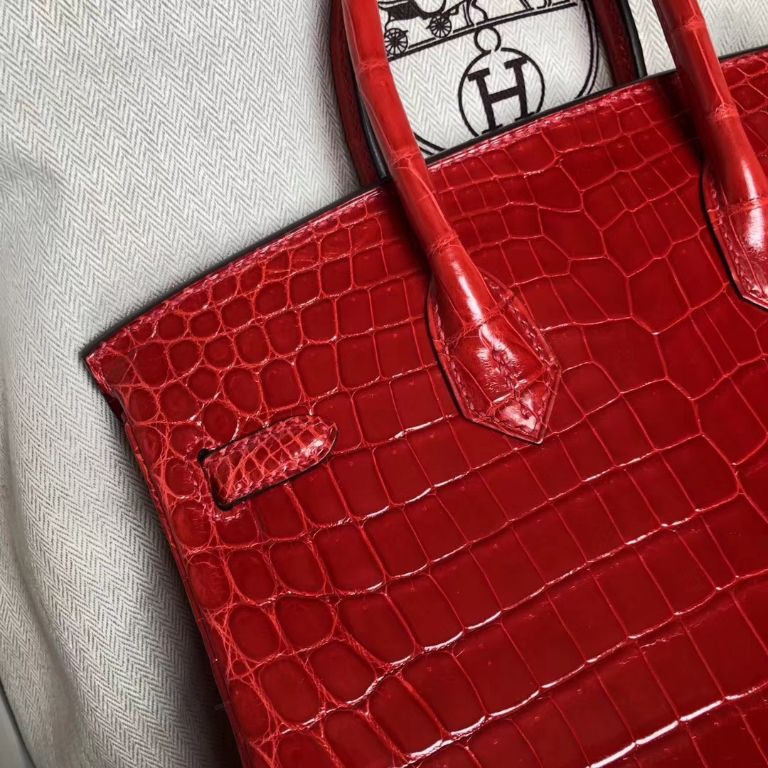 Hermès（爱马仕）Birkin Crocodile shiny 亮面鳄鱼 ck95 法拉利红 Braise 银扣 25cm