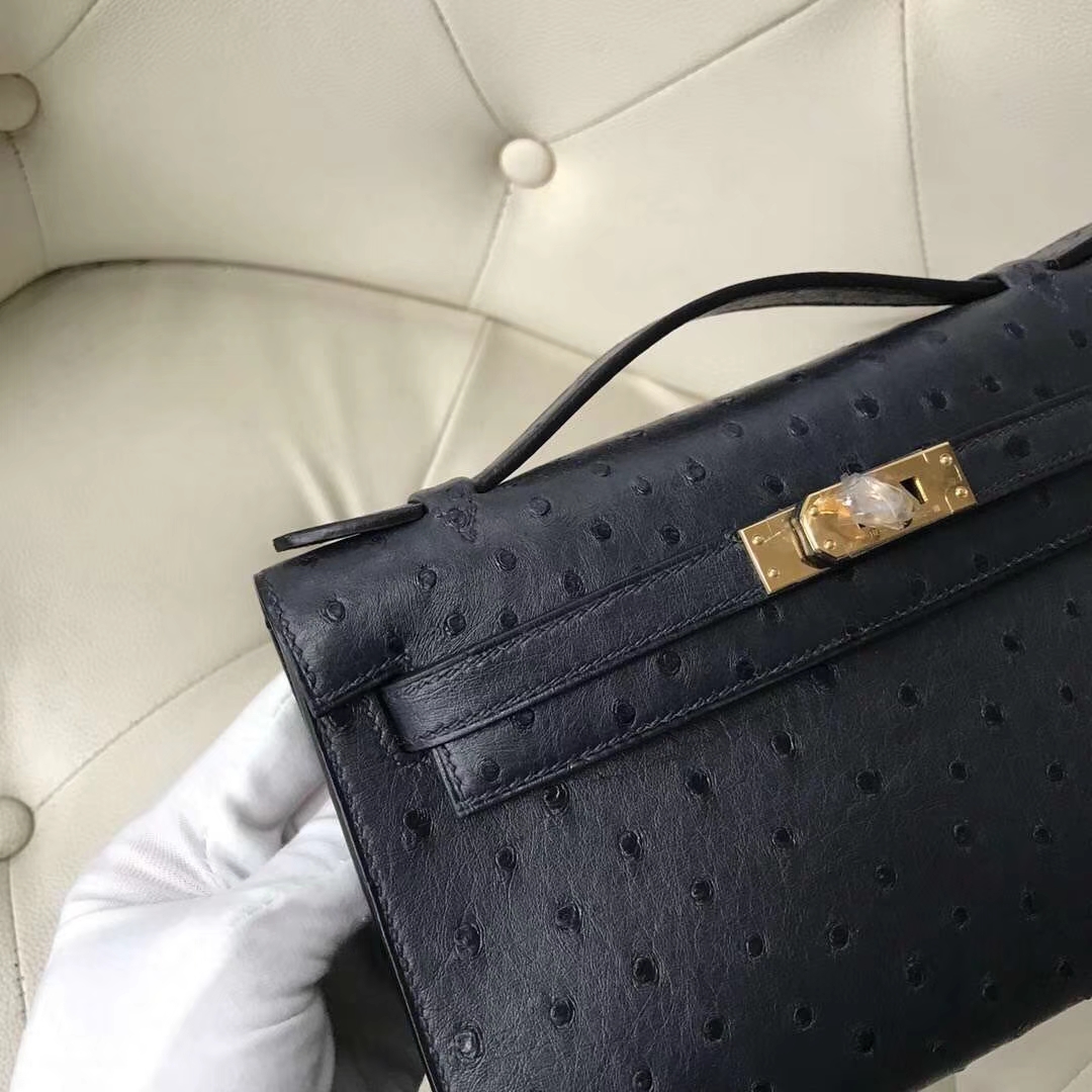 Hermès（爱马仕）Minikelly pochette Ostrich Kk 鸵鸟纹 深海蓝 2Z 金扣 现货