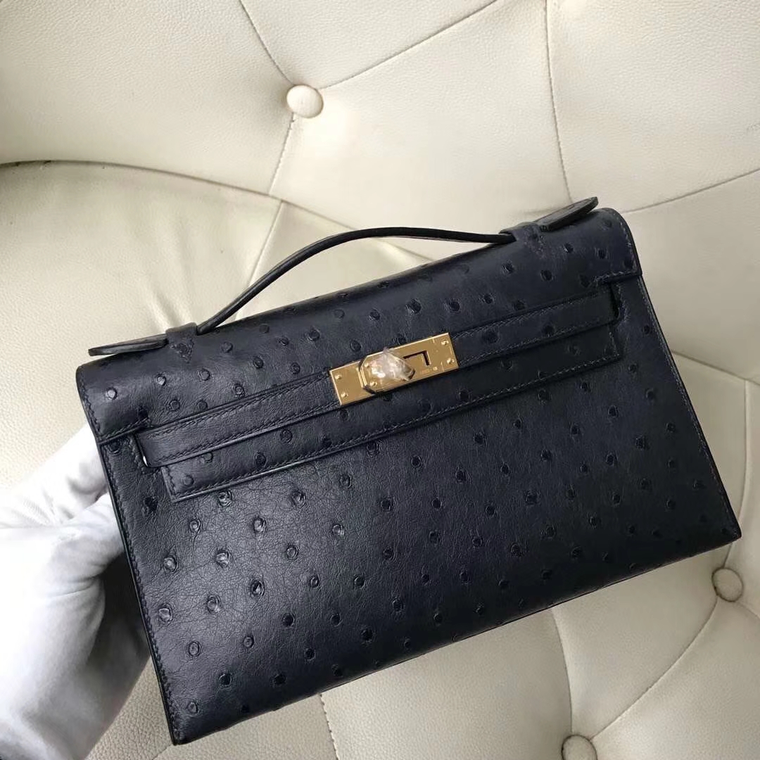 Hermès（爱马仕）Minikelly pochette Ostrich Kk 鸵鸟纹 深海蓝 2Z 金扣 现货