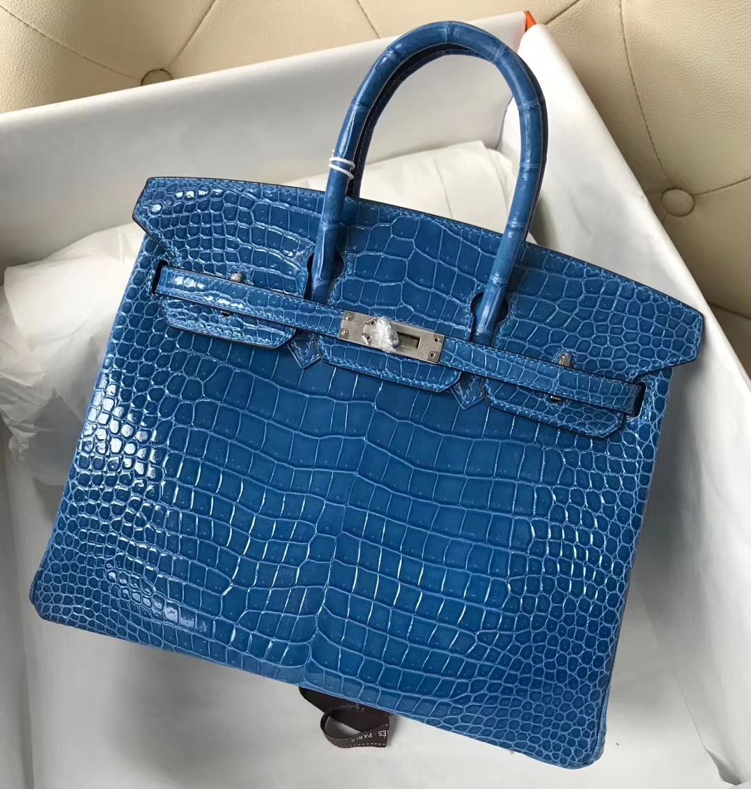 Hermès（爱马仕）Birkin Porosus shiny 澳洲湾鳄 7Ｑ 希腊蓝 mykonos 银扣 25cm