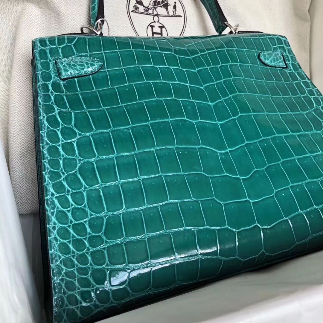 Hermès（爱马仕）Kelly porosus shiny 亮面澳洲湾鳄 6Ｑ 翡翠绿 银扣 28cm