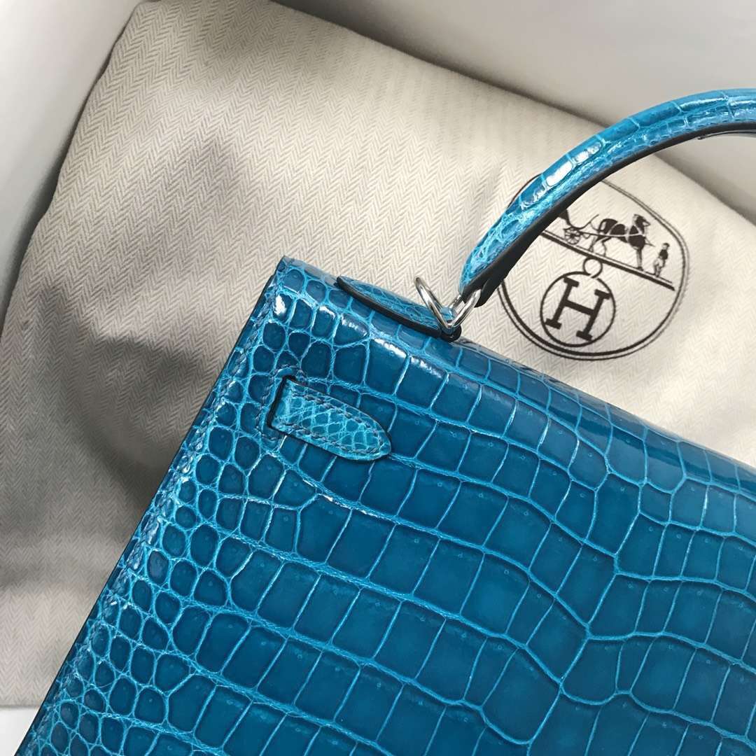 Hermès（爱马仕）Kelly porosus shiny 亮面澳洲 7w 伊兹密尔蓝 Blue izmir 银扣 25cm