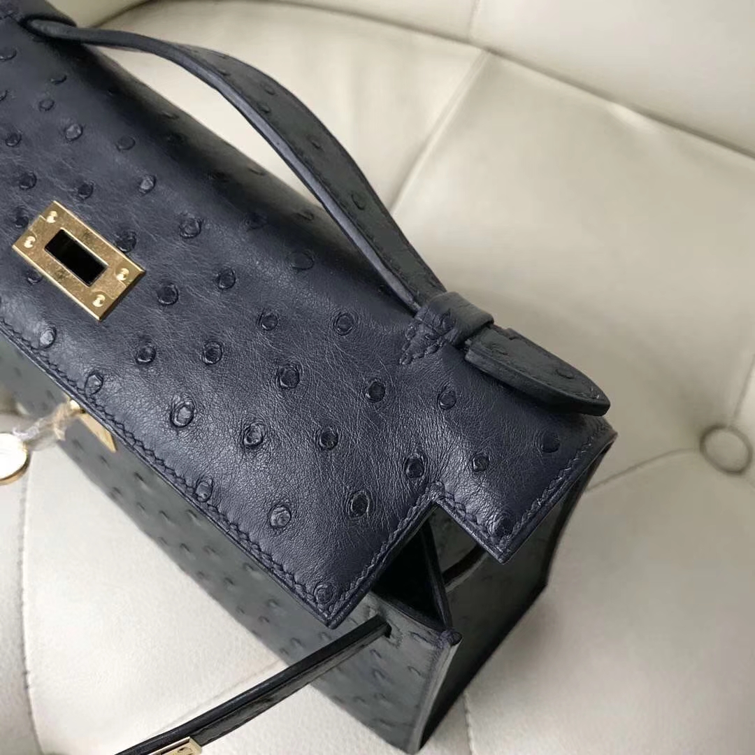 Hermès（爱马仕）Minikelly pochette Ostrich Kk 鸵鸟纹 深海蓝 2Z 金扣 现货