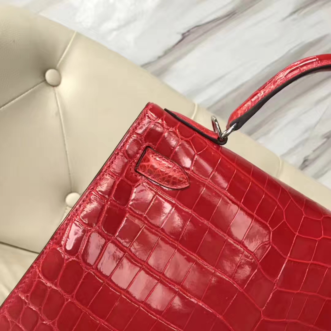 Hermès（爱马仕）Kelly Crocodile shiny 亮面鳄鱼ck95 法拉利红 Braise 银扣 28cm
