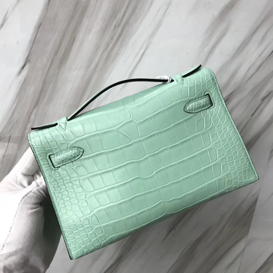 Hermès（爱马仕）Minikelly pochette 雾面鳄鱼 6U 薄荷绿 金扣 手拿包 晚宴包 22cm
