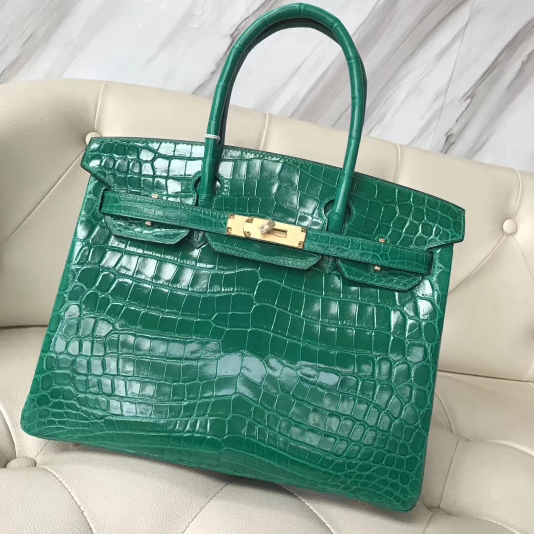 Hermès（爱马仕）Birkin Crocodile shiny 亮面鳄鱼 6Ｑ 翡翠绿 金扣 30cm