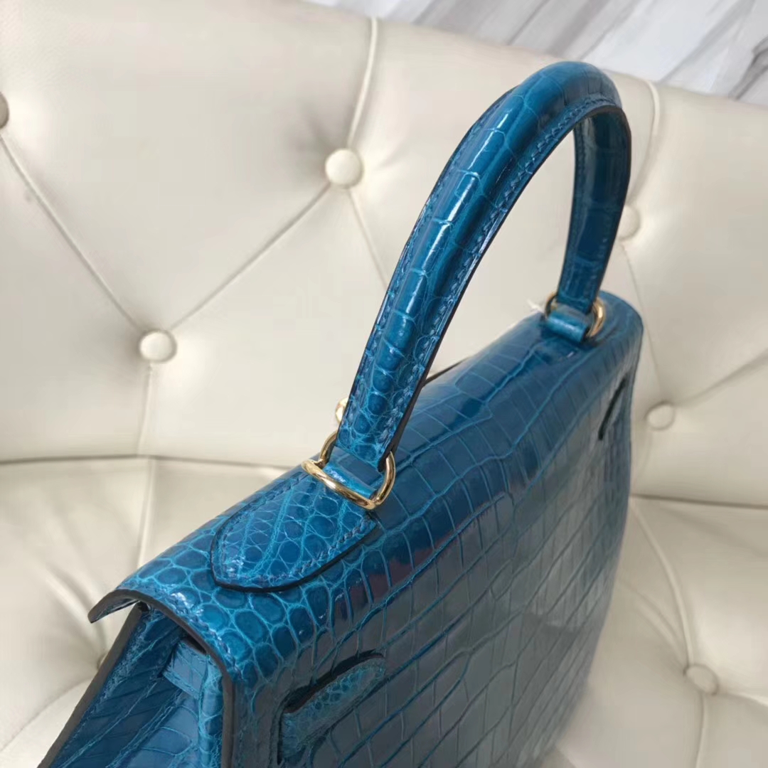 Hermès（爱马仕）Kelly Porosus shiny 亮面澳洲湾鳄  7w 伊兹密尔蓝 Blue izmir 金扣 28cm