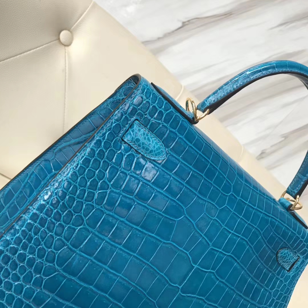 Hermès（爱马仕）Kelly Porosus shiny 亮面澳洲湾鳄  7w 伊兹密尔蓝 Blue izmir 金扣 28cm