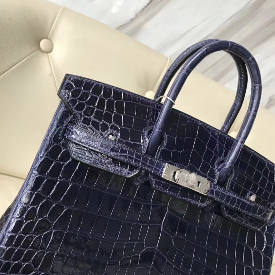 Hermès（爱马仕）Birkin shiny nilo crocodile 亮面尼罗鳄 宝石蓝 蜡线全手工 银扣 25cm