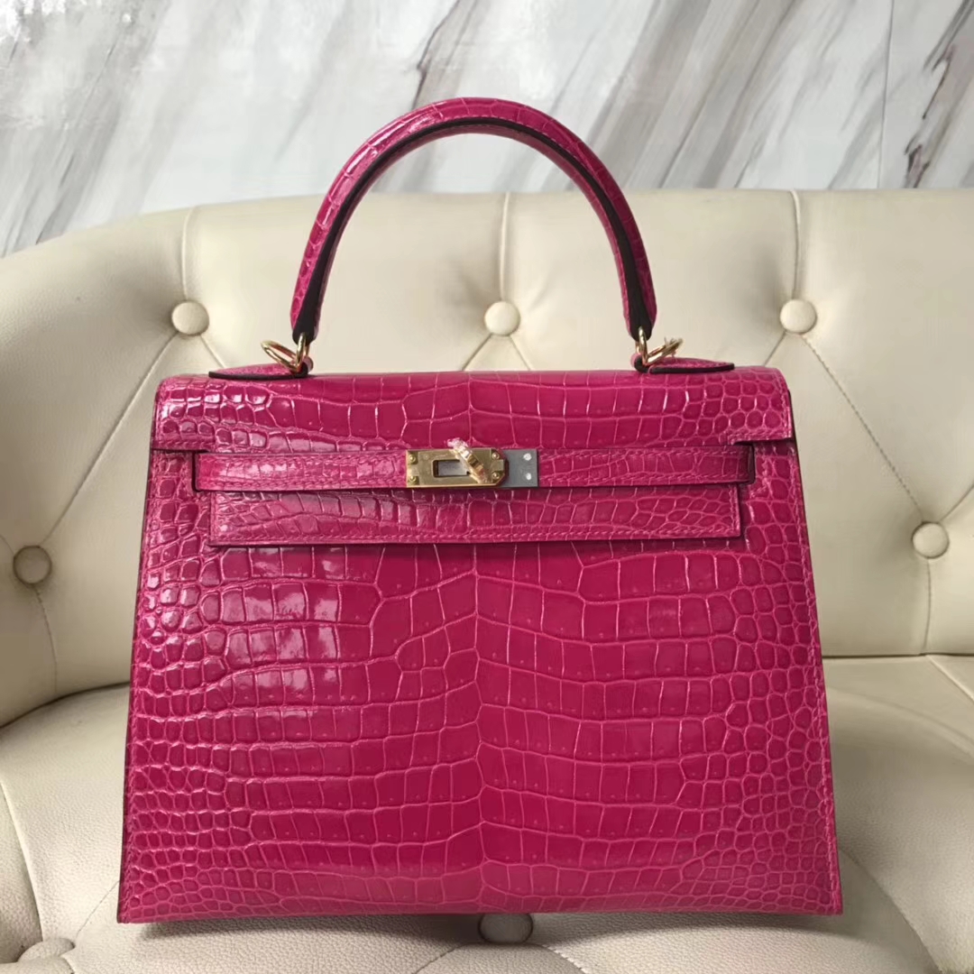 Hermès（爱马仕）Kelly Porosus shiny亮面澳洲湾鳄 J5 天方夜谭粉紫 金扣 25cm