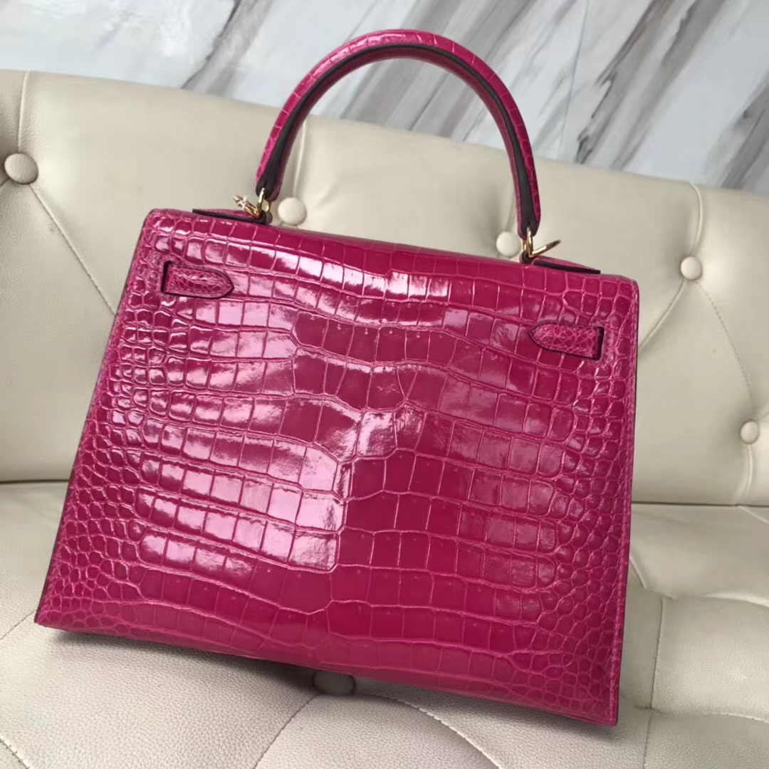 Hermès（爱马仕）Kelly Porosus shiny亮面澳洲湾鳄 J5 天方夜谭粉紫 金扣 25cm