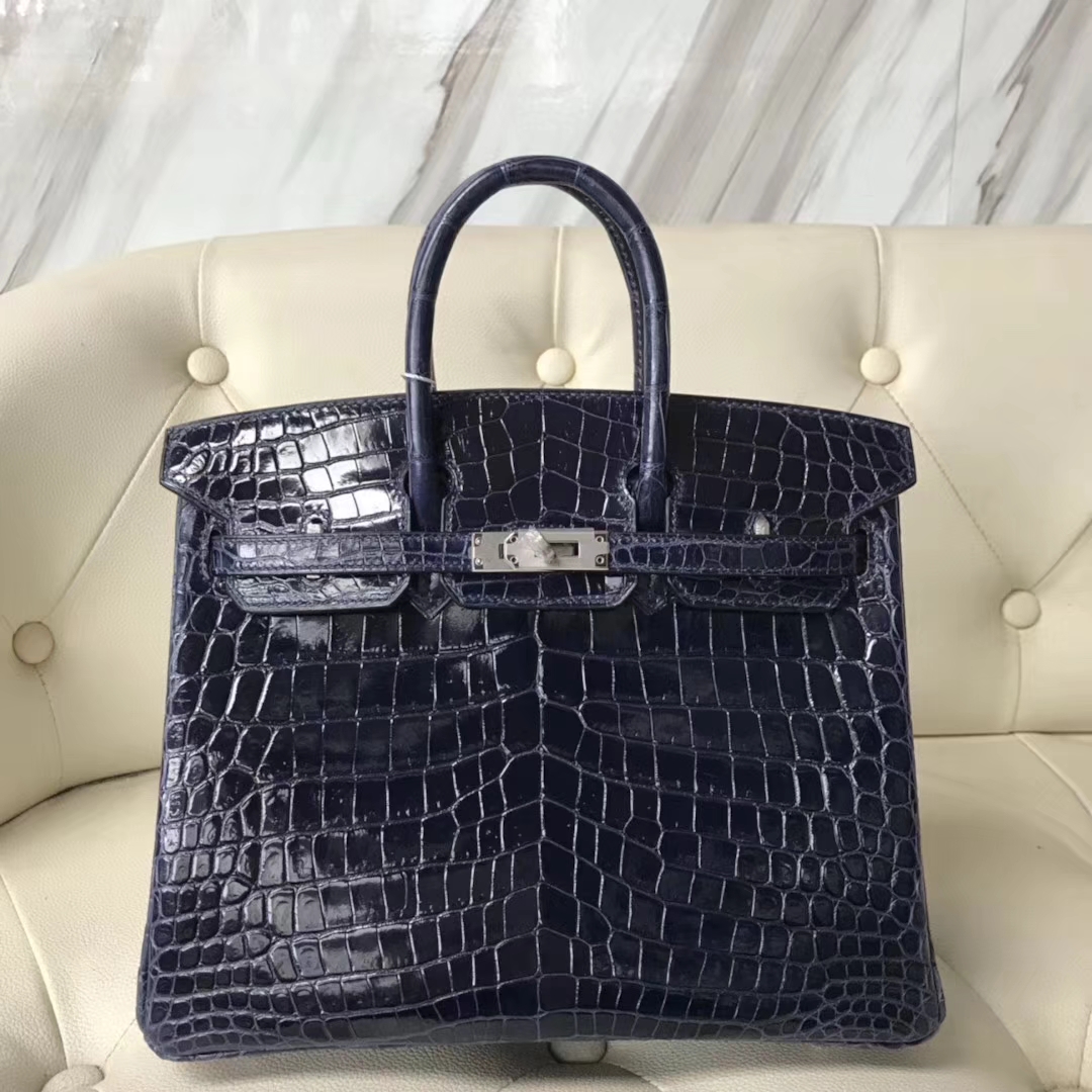 Hermès（爱马仕）Birkin shiny nilo crocodile 亮面尼罗鳄 宝石蓝 蜡线全手工 银扣 25cm