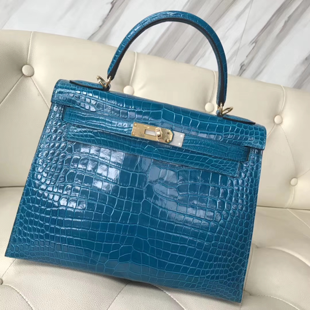 Hermès（爱马仕）Kelly Porosus shiny 亮面澳洲湾鳄  7w 伊兹密尔蓝 Blue izmir 金扣 28cm