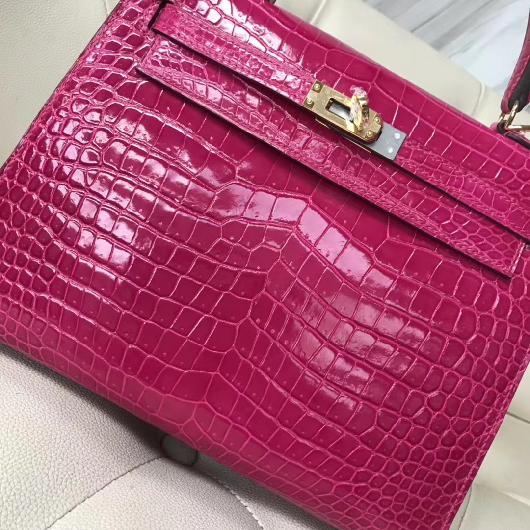 Hermès（爱马仕）Kelly Porosus shiny亮面澳洲湾鳄 J5 天方夜谭粉紫 金扣 25cm