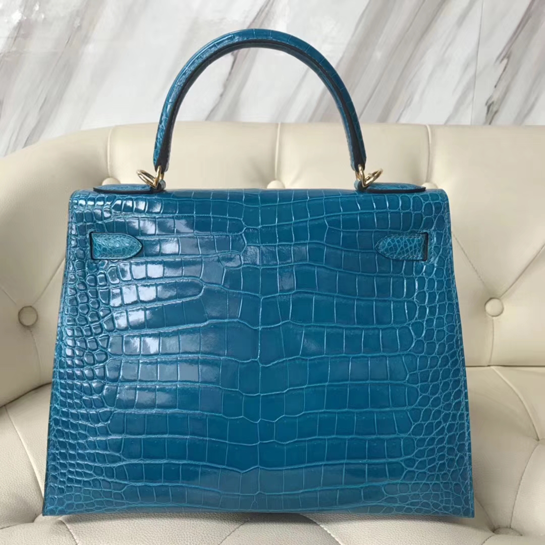 Hermès（爱马仕）Kelly Porosus shiny 亮面澳洲湾鳄  7w 伊兹密尔蓝 Blue izmir 金扣 28cm