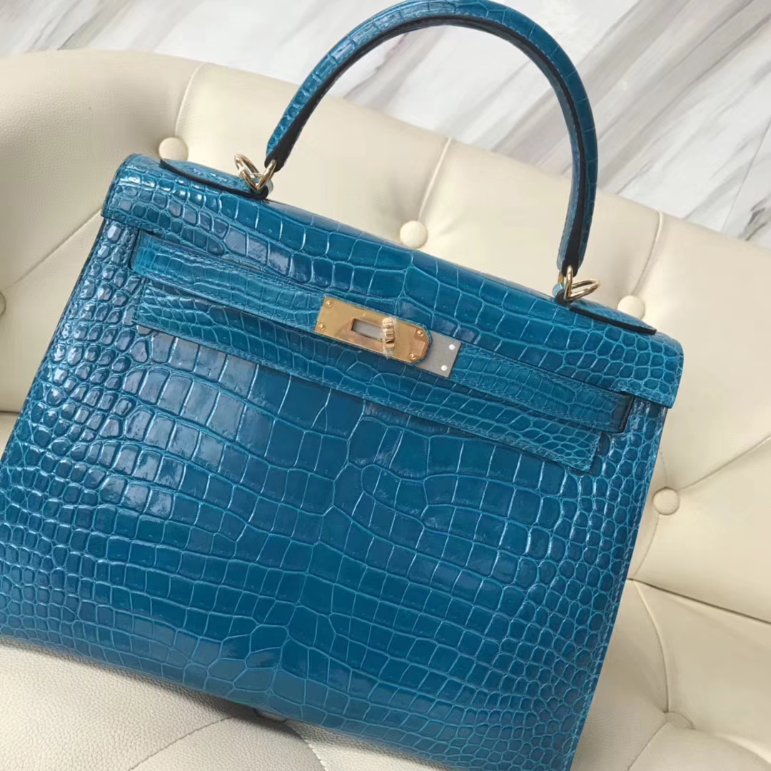 Hermès（爱马仕）Kelly Porosus shiny 亮面澳洲湾鳄  7w 伊兹密尔蓝 Blue izmir 金扣 28cm