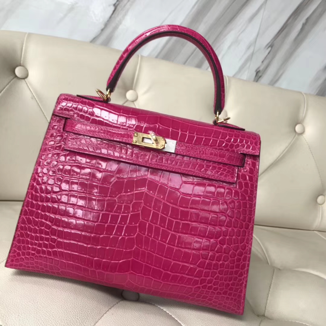 Hermès（爱马仕）Kelly Porosus shiny亮面澳洲湾鳄 J5 天方夜谭粉紫 金扣 25cm