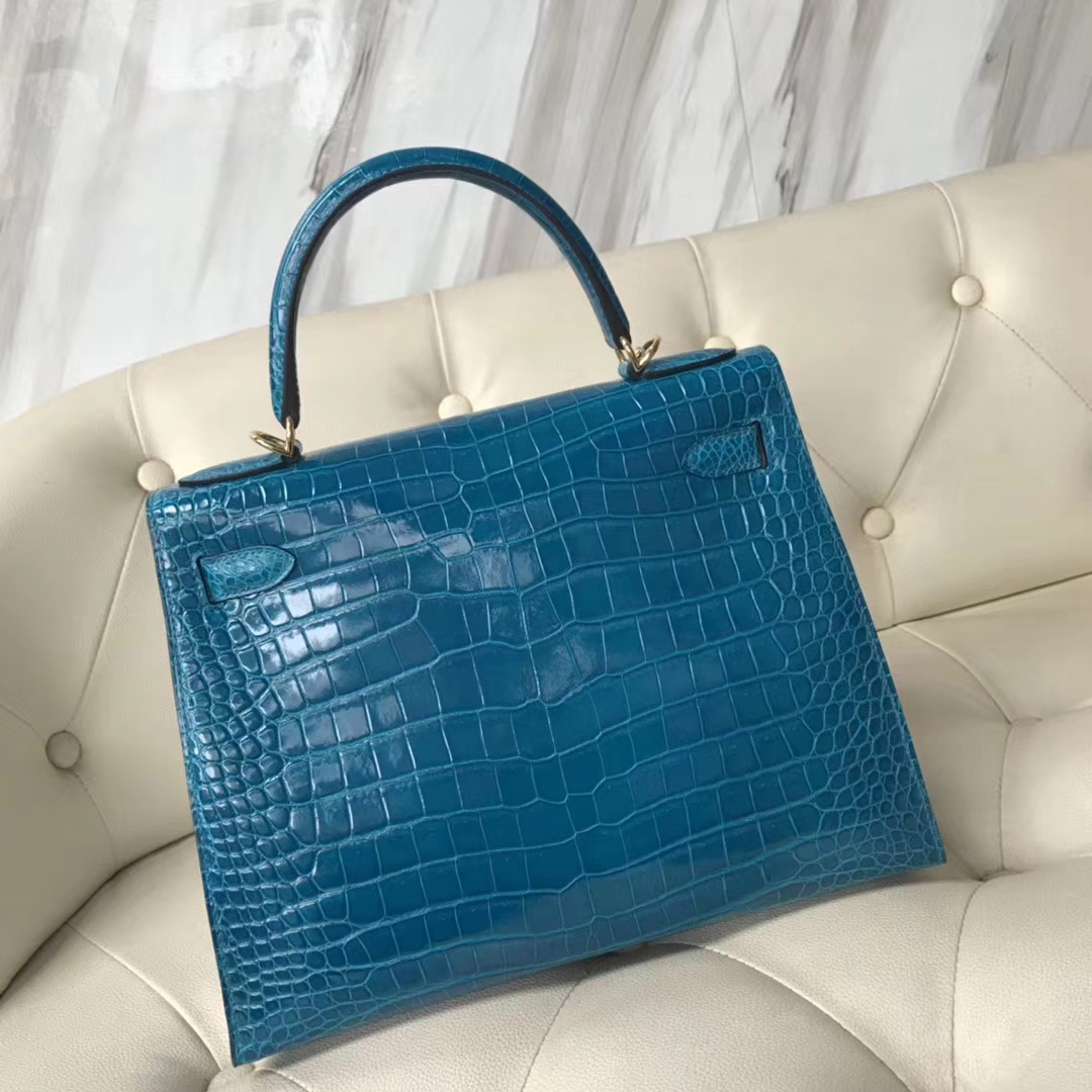 Hermès（爱马仕）Kelly Porosus shiny 亮面澳洲湾鳄  7w 伊兹密尔蓝 Blue izmir 金扣 28cm