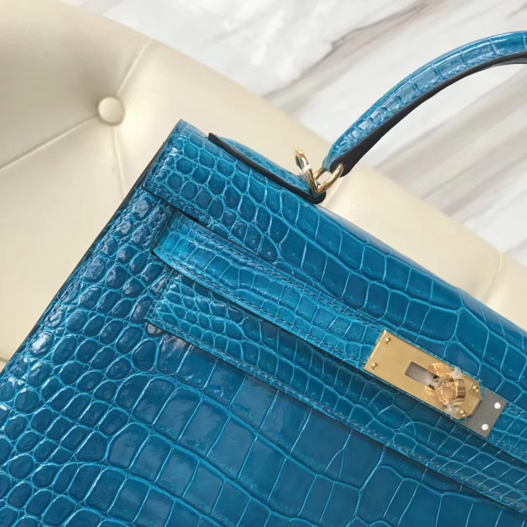 Hermès（爱马仕）Kelly Porosus shiny 亮面澳洲湾鳄  7w 伊兹密尔蓝 Blue izmir 金扣 28cm