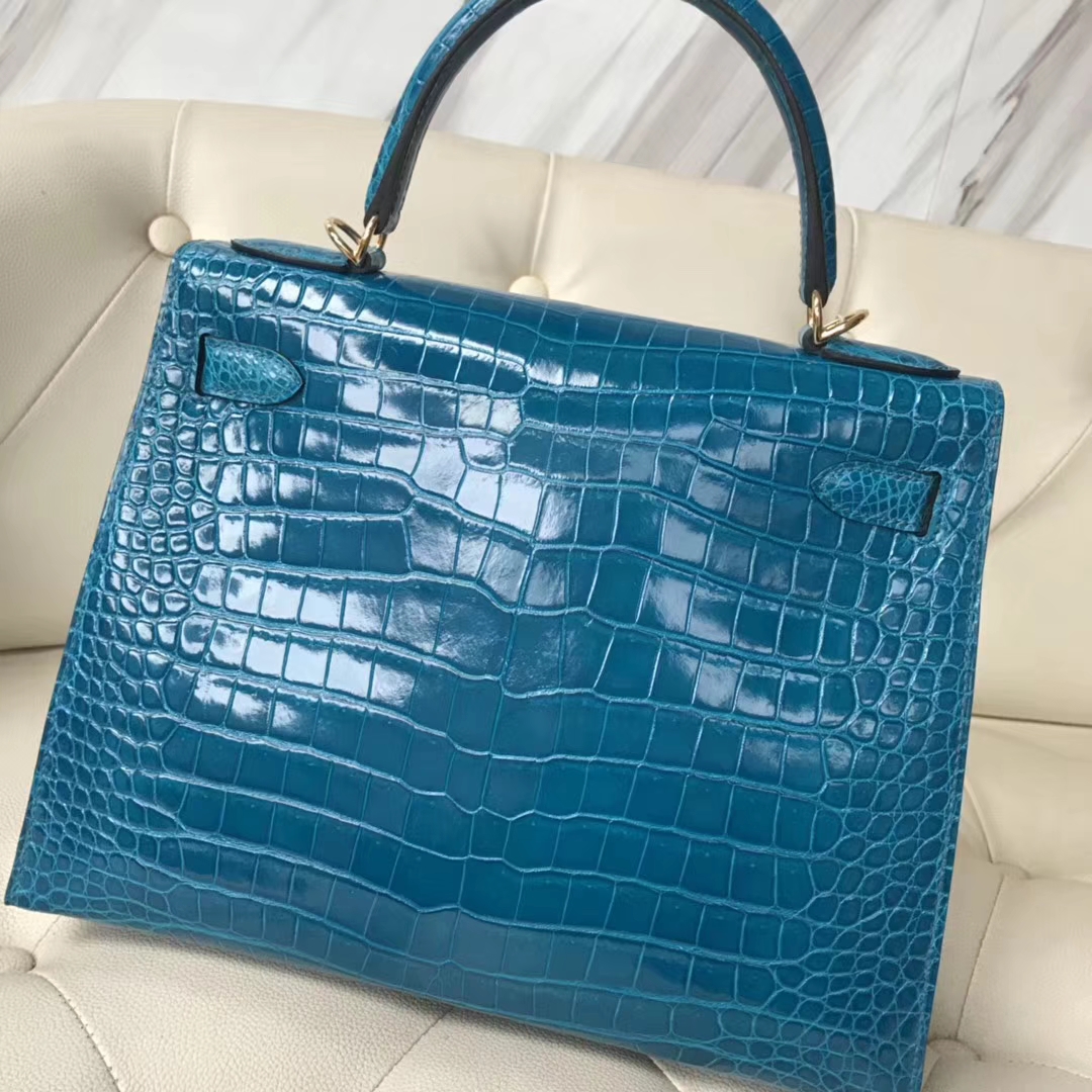 Hermès（爱马仕）Kelly Porosus shiny 亮面澳洲湾鳄  7w 伊兹密尔蓝 Blue izmir 金扣 28cm