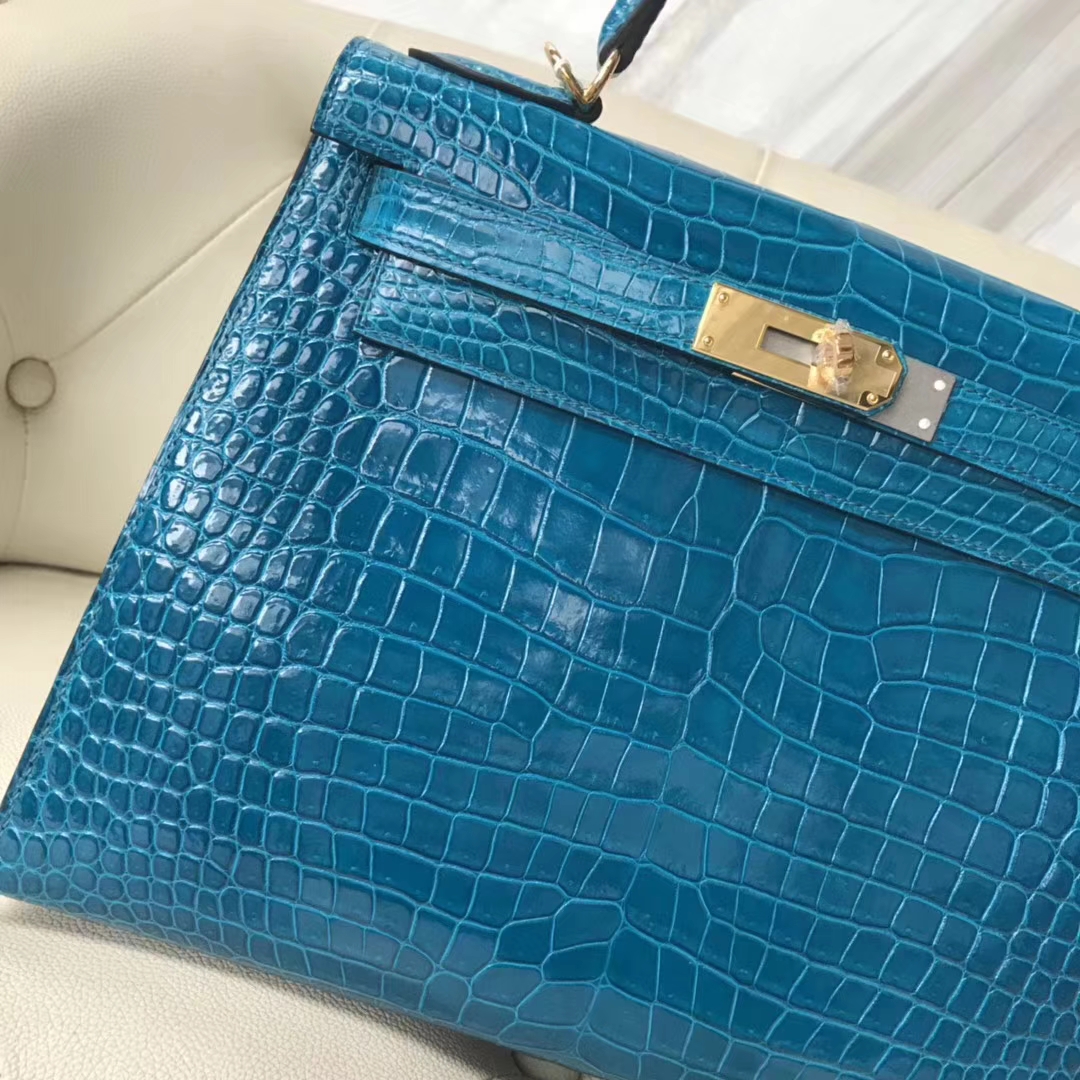 Hermès(爱马仕)Kelly Porosus shiny 亮面澳洲湾鳄 7w 伊兹密尔蓝 Blue izmir 金扣 28cm-拉尔森鳄鱼皮具定制 - 爱马仕包包官网 Hermès(爱马仕)Kelly Porosus shiny 亮面澳洲湾鳄 7w 伊兹密尔蓝 Blue izmir 金扣 28cm