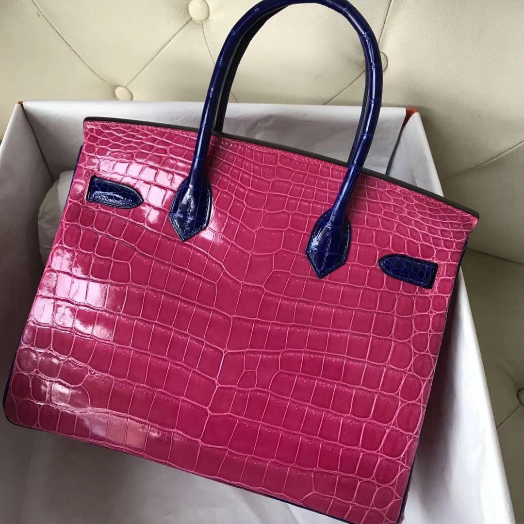 Hermès（爱马仕）Birkin 亮面鳄鱼 5J 桃粉7T 电光蓝  金扣 马蹄印 30cm