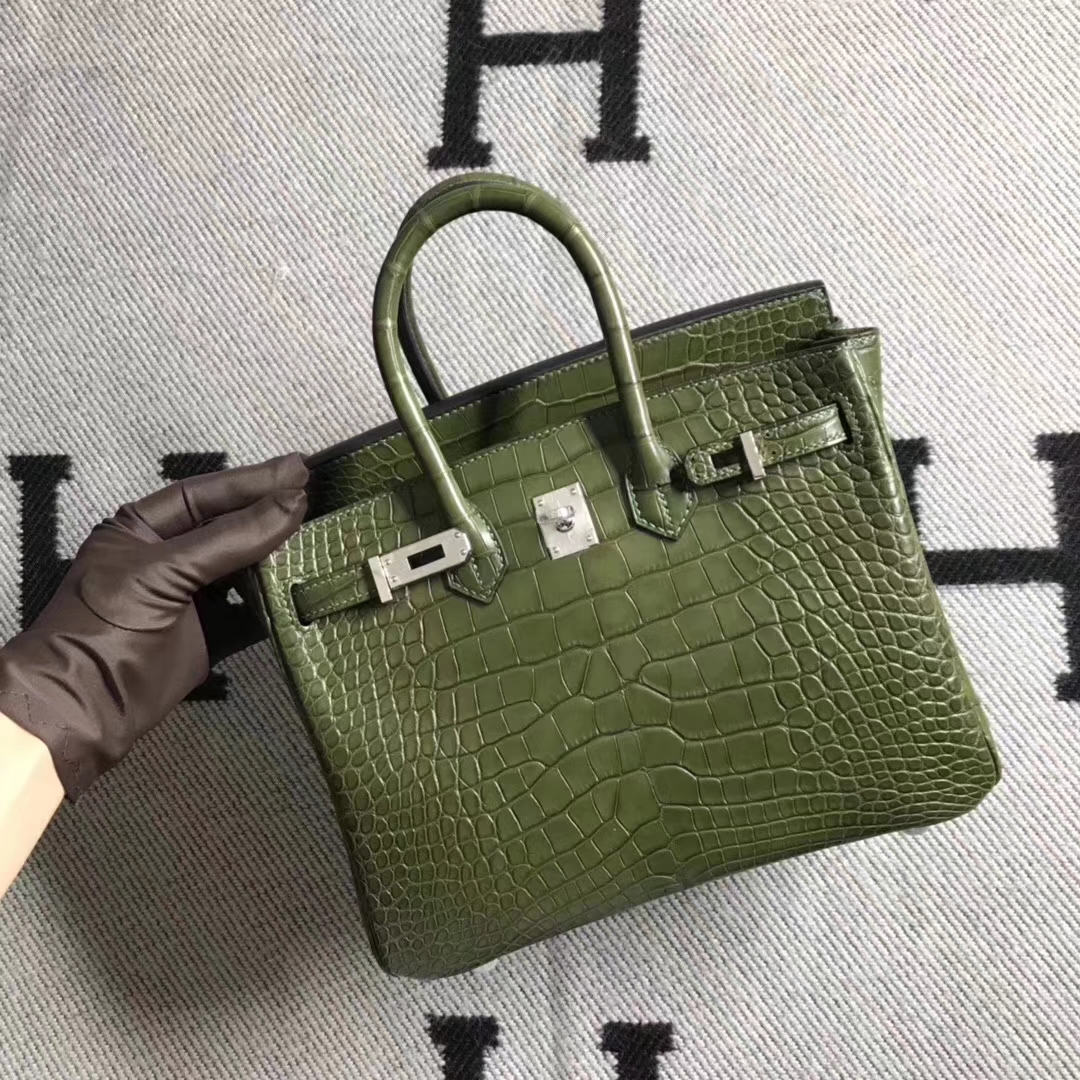 Hermès（爱马仕）Birkin 铂金包 雾面美洲鳄鱼方块 森林绿 完美品质 25cm 现货