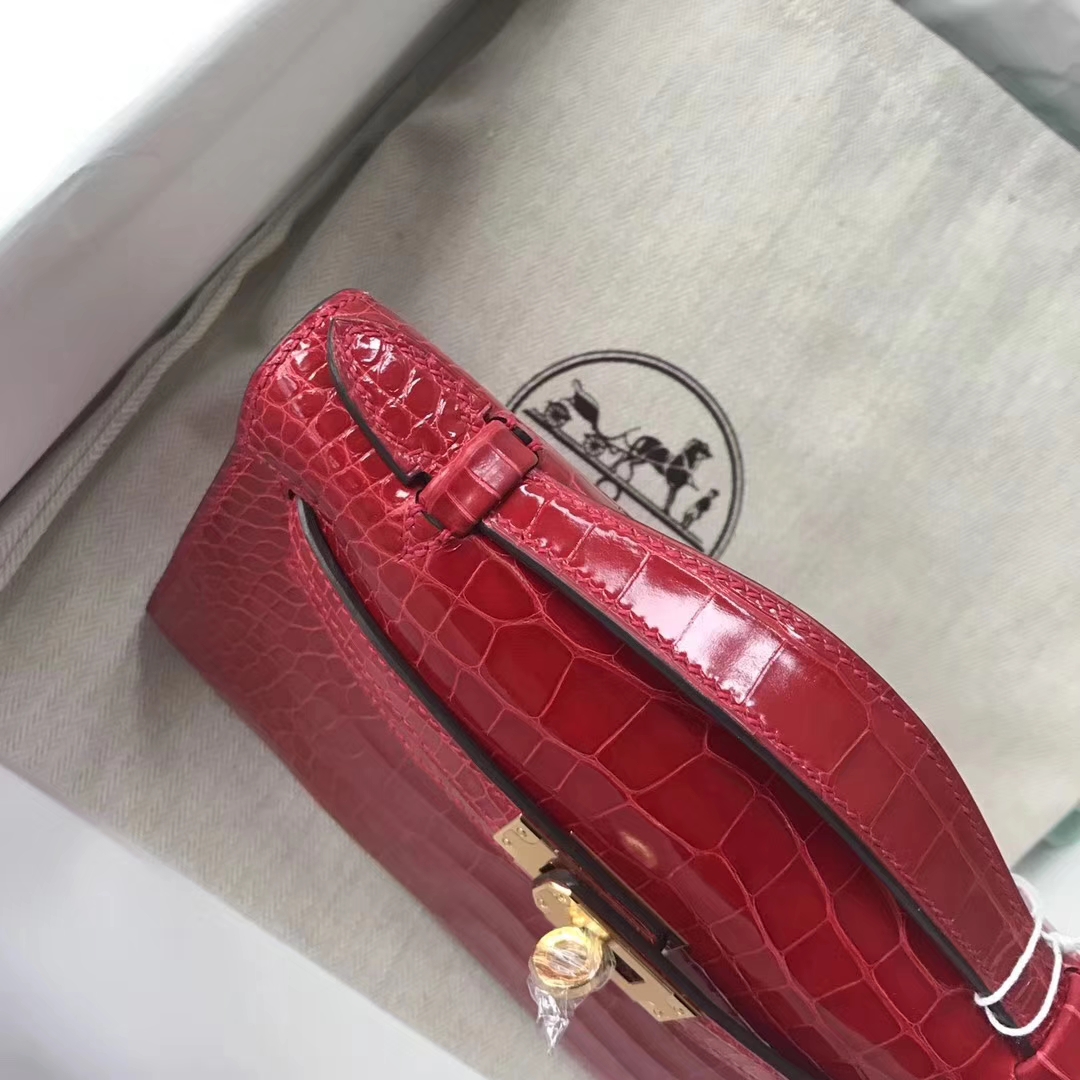 Hermès（爱马仕）Mini Kelly 亮面框框鳄鱼 ck95法拉利红 顶级工艺 蜡线全手工 金扣 22cm